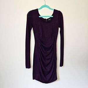EXPRESS Purple Metallic Long sleeve dress Fitted rouched front size small EUC